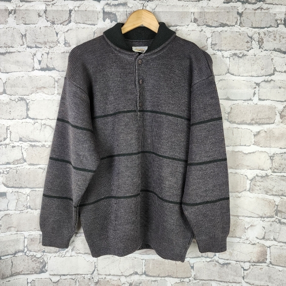 Aklanda Australia Wool Shawl Collar Sweater 1/4 Button Marled Stripe Size Large - Picture 2 of 11